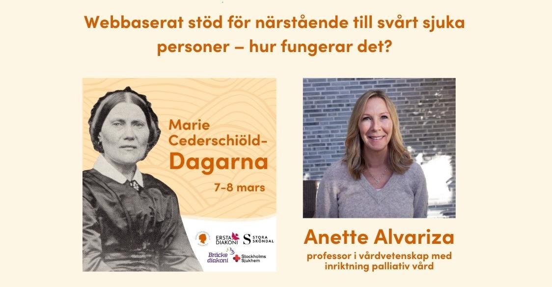 Grafik med texten "Webbaserat stöd för närstående till svårt sjuka personer" samt texten "Marie Cederschiöld-dagarna" och ett foto som föreställer en glad kvinna som ler mot kameran