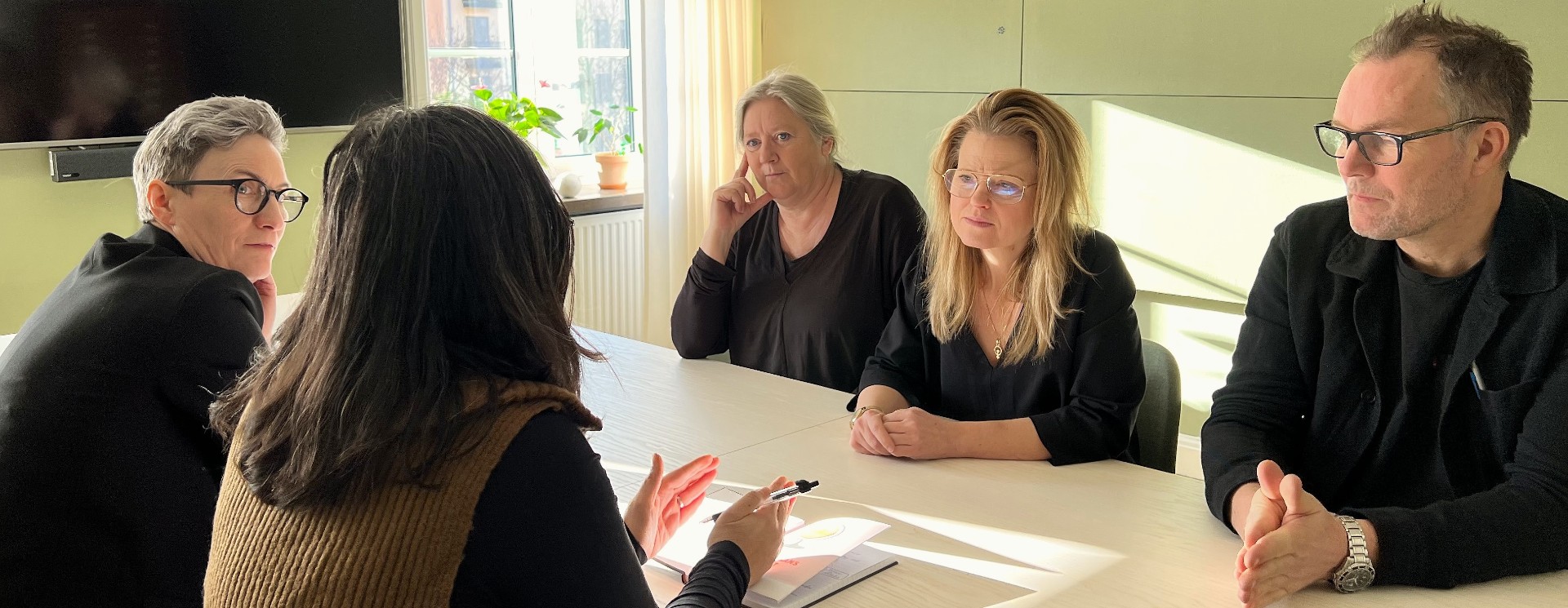 Forskare i Sivin-Barnm sitter runt ett konferensbord och diskuterar.