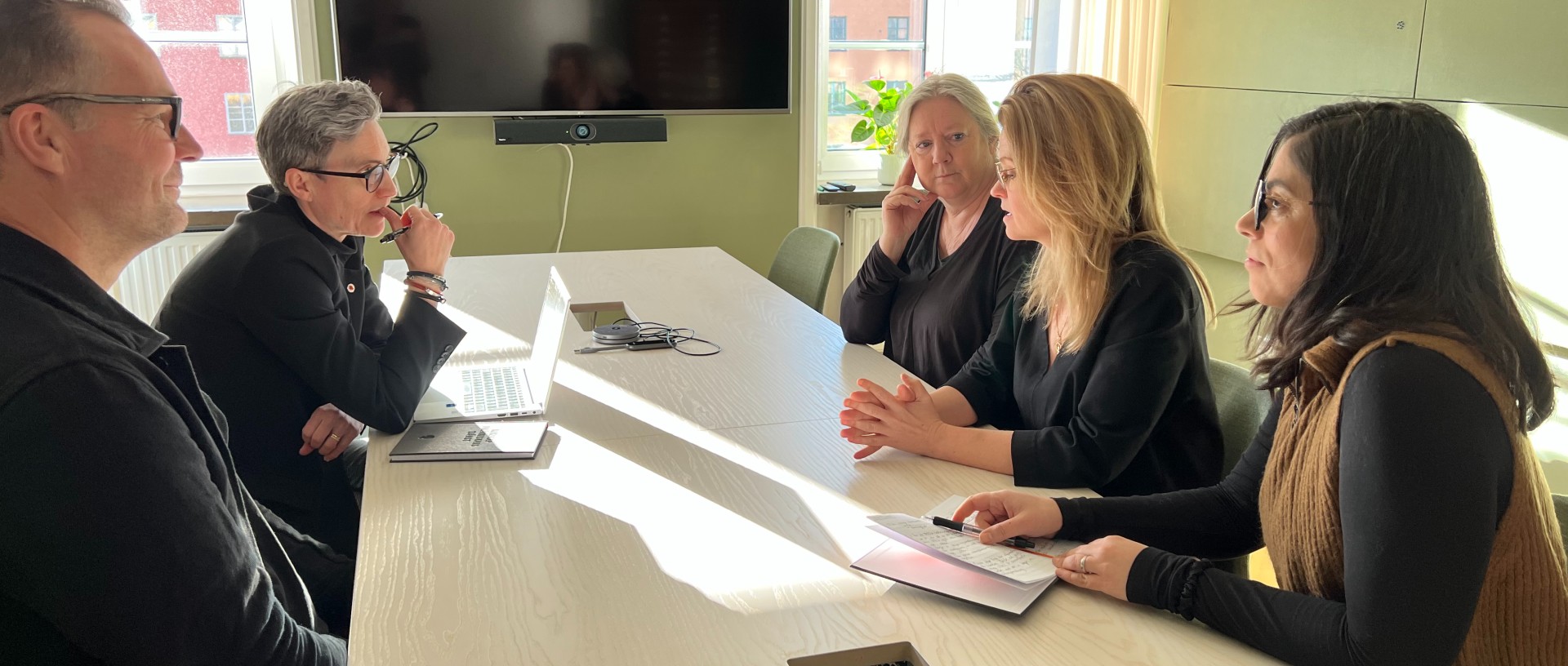 Forskare i Sivin-Barn sitter runt ett konferensbord och samtalar.